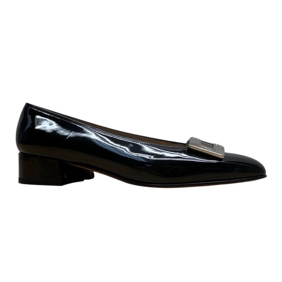 Salvatore Ferragamo Womens Black Patent Leather Silver Buckle Loafers Sz 5.5 B - Picture 1 of 9